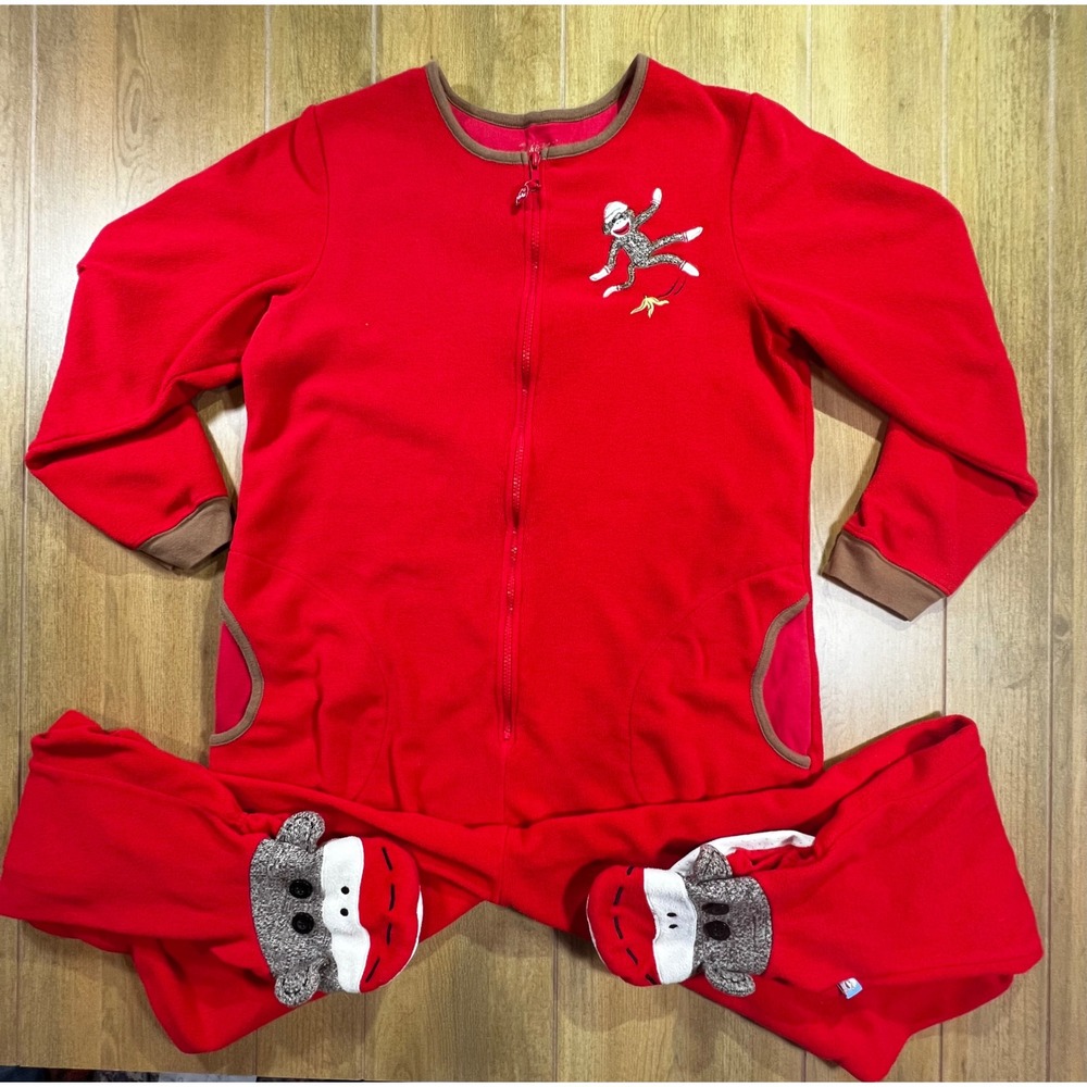 Nickelodeon Nick and Nora Red Sock Monkey Fleece Footed Pajamas Jumpsuit Kids